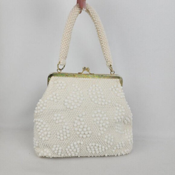 Vintage Hong Kong White Beaded Kiss Close Purse - Picture 1 of 6